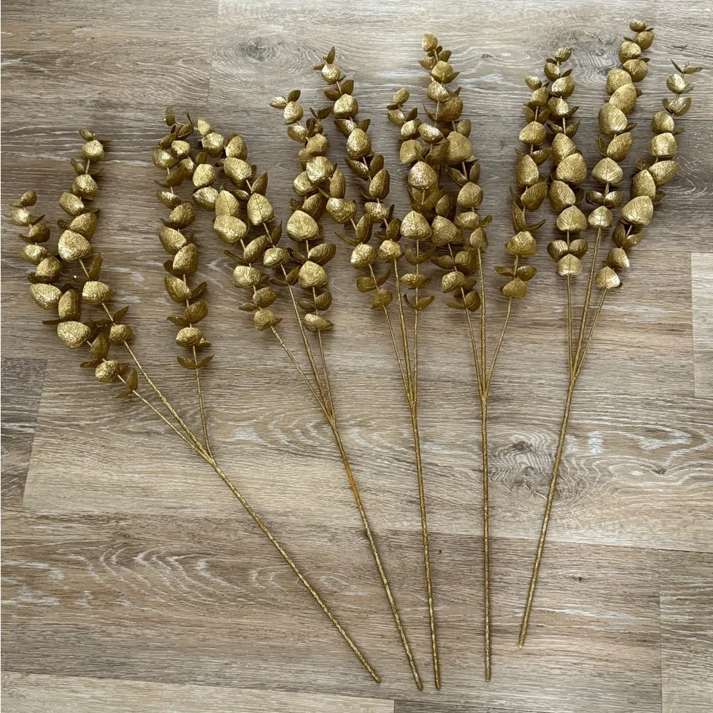 New Gold Metallic Faux Eucalyptus Christmas Floral Stems 26” - Set of 5